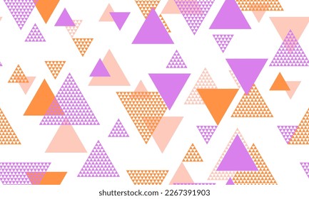 Simple triangle shapes seamless pattern graohic design. Wallpaper print. Colorful triangles motion background. Mix triangular shapes endless pattern.