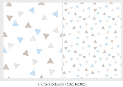 Simple Triangles Vector Patterns. Blue and Brown Marble Triangles Isolated on a White Background. Funny Abstract Geometric Design. Falling Confetti of Triangle Shape. Pastel Color Repeatable Layout.