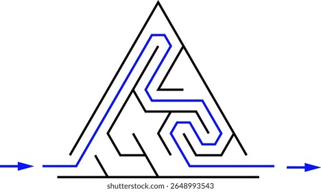Simple triangular labyrinth with solution. Very easy Egyptian pyramid. Black and white vector illustration. Nice brainstorm puzzle for little kids.