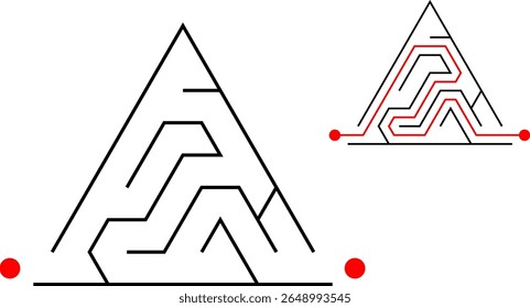 Labirinto triangular simples com solução. Muito fácil pirâmide egípcia. Ilustração vetorial em preto e branco. Belo quebra-cabeça para crianças pequenas.
