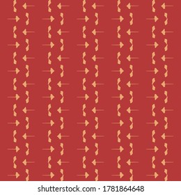 Simple tribal pattern with alternately aligned signs and symbols. Textile design. Wallpaper texture. Graphics in dark red and beige.