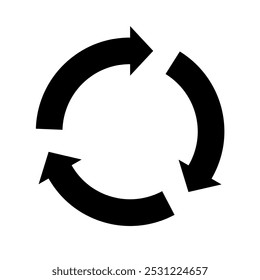 Símbolo trilemático simples de três setas pretas grossas orientadas no sentido horário em círculo. Ilustração vetorial para visualização de processos de reciclagem, circulação, ciclo de vários processos. Ícone isolado ativado