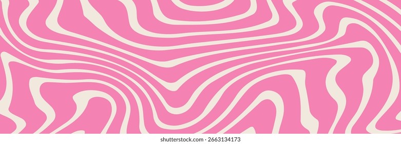 Simple trippy background with pink wavy lines pattern. Abstract groovy backdrop in retro 60-70s style. Cool funky ripple stripes design.