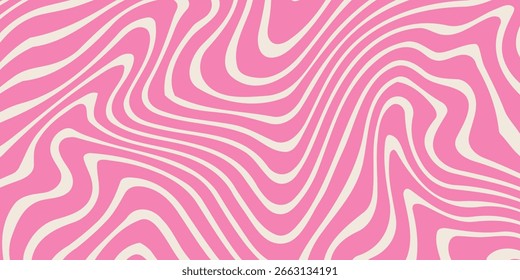 Simple trippy background with pink wavy lines pattern. Abstract groovy backdrop in retro 60-70s style. Cool funky ripple stripes design.