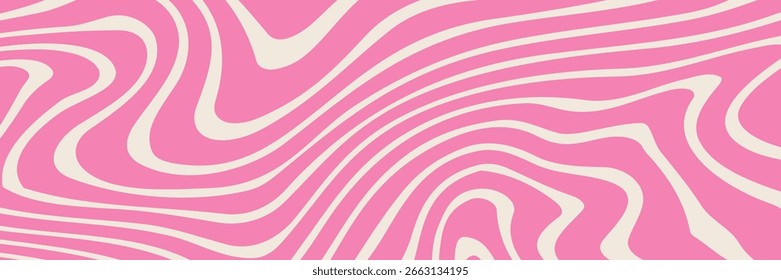 Simple trippy background with pink wavy lines pattern. Abstract groovy backdrop in retro 60-70s style. Cool funky ripple stripes design.