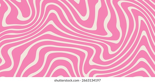 Simple trippy background with pink wavy lines pattern. Abstract groovy backdrop in retro 60-70s style. Cool funky ripple stripes design.