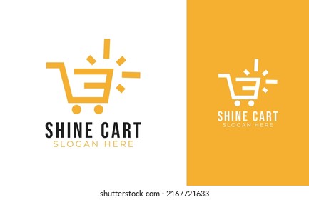 Simple trolley logo design. Cart symbol with shine or sun concept. Supermarket or commerce icon