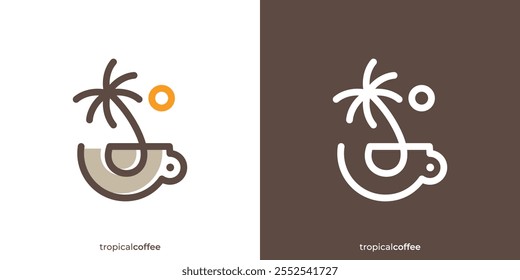 Simple Tropical Coffee Logo with Coffee Cup and Palm Tree Icon Graphic. Natural Coffee Logo Design Template.