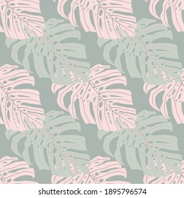 Simple tropical doodle monstera shapes seamless pattern. Light pink and blue tones. Decorative backdrop for wallpaper, textile, wrapping paper, fabric print. Vector illustration.