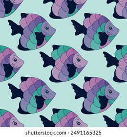 Simple tropical fish seamless ornament illustration. Saltwater creatures diving. Kids fashion tissue print. Tropical fish decorative graphic design. Polychrome scales, tail