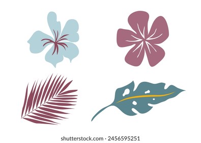Simple tropical flowers and leaves .Vector, flat style, isolated on a white background