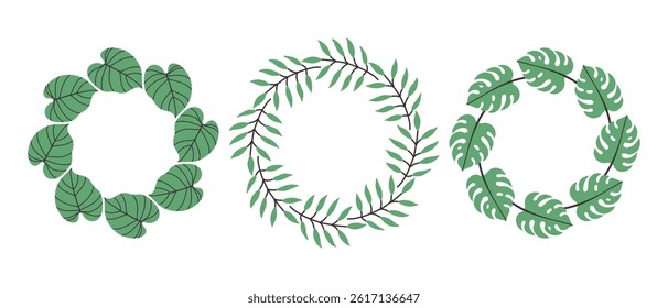 Simple tropical leaves circle frame set. Bright illustration for card, invitation card for wedding, birthday and other holiday