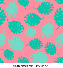 Simple tropical leaves seamless pattern. Mint monstera leaves on a pink background. Endless vector pattern with a clipping mask.