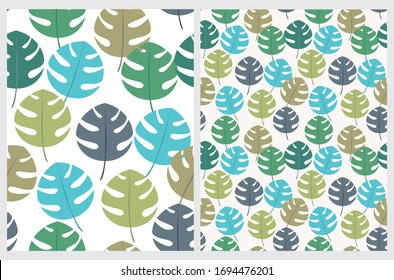 Simple Tropical Leaves Seamless Vector Patterns. Abstract Green, Blue and Gray Monstera Leaves Isolated on a White and Off-White Background. Infantile Style Floral Print. Jungle Leaves.