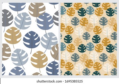 Simple Tropical Leaves Seamless Vector Patterns. Abstract Green, Gold and Gray Monstera Leaves Isolated on a White and Light Brown Background. Infantile Style Floral Print.