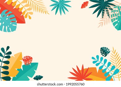 Simple Tropical Palm and Motstera Leaves Natural Blue Background. Vector Illustration EPS10