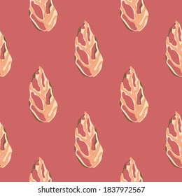 Simple tropical palm seamless doodle pattern with monstera silhouettes. Red pale background with orange colored marble foliage. For fabric design, textile print, wrapping, cover. Vector illustration