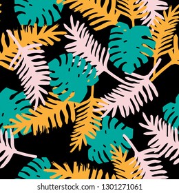 Simple tropical pattern. Black background, bright leaves of palm trees and monster. Good print for textiles, banners.