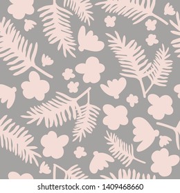 Simple tropical pattern. Gray background,pink branches with leaves. The print is well suited for textiles,Wallpaper and banners.