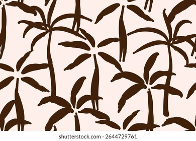 Simple tropical seamless pattern. Dark brown silhouette of palm trees on light pink background. For fabric prints, textile products, beachwear. Summer vacation.