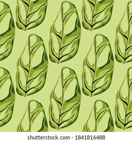 Simple tropical seamless pattern with monstera silhouettes. Light green tones palette artwork. Hand drawn houseplant print. Great for fabric design, textile print, wrapping, cover. Vector illustration