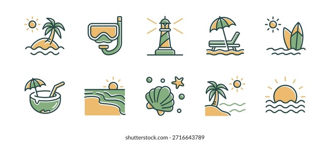 Sencillo icono de vacaciones de playa de verano tropical conjunto de puesta de sol de mar costero con ola de océano y palmera, coco, faro, silla y sombrilla, Ilustración vectorial de señales de viaje de playa mediterránea
