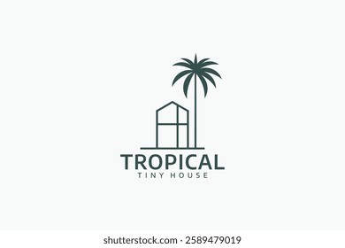 a simple tropical tiny house logo with a tiny house and palm tree.