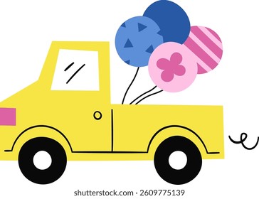 A simple truck carries balloons with geometric patterns in a playful style. The vehicle is depicted with round wheels and vibrant balloons attached to the back. Cartoon vector illustration.