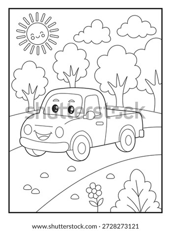 Simple Truck Transportation Coloring Sheet for Preschoolers. Minimalist Utility Vehicle Illustration with Trees and Sun for Kids.