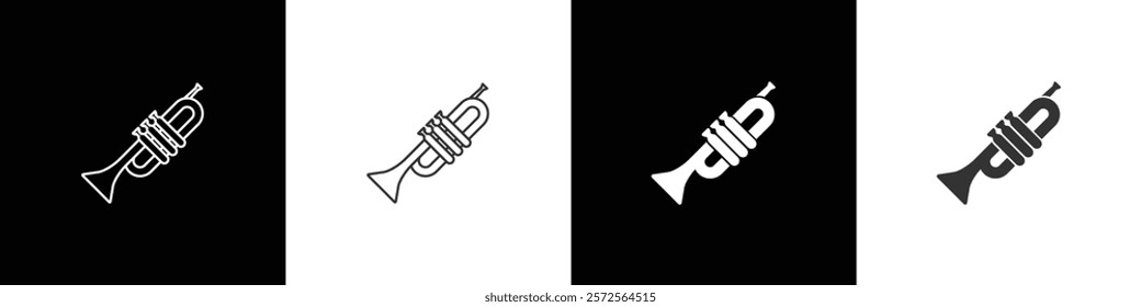 Simple trumpet icon. Inflatable musical instrument art vector icons. Trumpet icon vector illustration in black, white and transparent background. Eps10