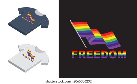 Simple t-shirt design, Freedom flag LGBT. In black and white color variants