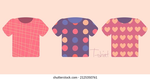 Simple T-shirts set vector illustration. Pink, purple colors. T-shirts on the pastel pink background. Hearts, cells, dots oranate summer clothes. Handwritten lettering. Cartoon flat style design.