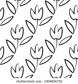 Simple tulip. Hand drawn black line seamless pattern on white background. Doodle brush, pen, marker illustration. Scribble ornament background.