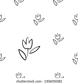 Simple tulip. Hand drawn black line seamless pattern on white background. Doodle brush, pen, marker illustration. Scribble ornament background.
