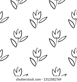 Simple tulip. Hand drawn black line seamless pattern on white background. Doodle brush, pen, marker illustration. Scribble ornament background.
