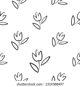 Simple tulip. Hand drawn black line seamless pattern on white background. Doodle brush, pen, marker illustration. Scribble ornament background.