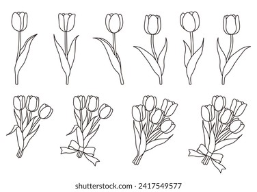 Conjunto de ilustración simple del vector de tulipán. Bouquet, cinta