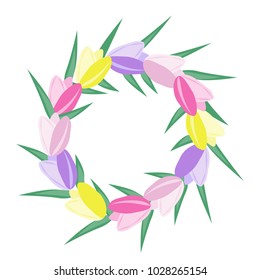 Simple tulip wreath. Vector pink, purple, yellow flowers wiht green leaves bent into a circle. 