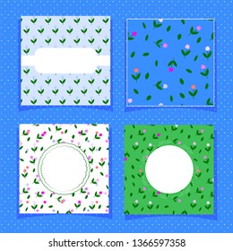 Simple tulips seamless tile and three templates for summer cards, banners, printing on textiles, fabrics. Suitable for perfume packaging. Bright flowers on a blue background.
