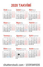 Simple Turkish 2020 year vector calendar. Week starts from Sunday.