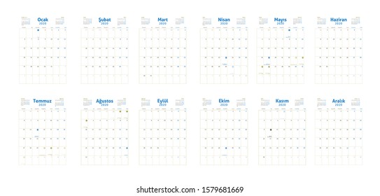 Simple Turkish 2020 year vector calendar. Week starts from Sunday.