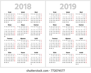 Simple Turkish calendar for 2018 and 2019 years. Week starts from Monday. Sans serif bold font, white background