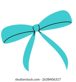 Simple turquoise color bow, isolated on white background. Flat vector illustrations. Hand drawn ribbon decoration. Silk bow. Hair accessory. Bows for gift wrapping