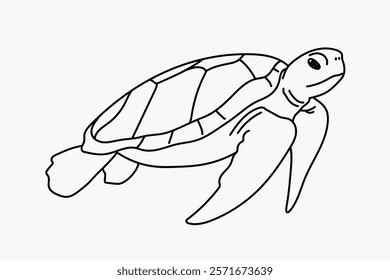 Simple turtle line drawing, showcasing a turtle's shell and flippers. Minimalist turtle art, perfect for coloring or educational purposes. Simple black line art doodle vector.