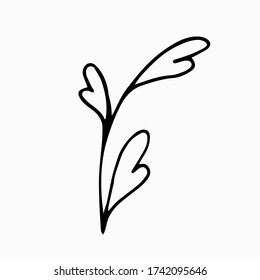  Simple twig with leaves in scandinavian style. Hand drawn doodle outline black clip art for icons or logo and cards.  Design for stickers and coloring. Stock vector illustration isolated on white.