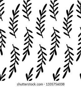 Simple twigs with leaves seamless vector pattern. Hand drawing black silhouette of plants on white background