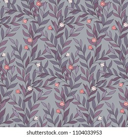 Simple twigs with leaves and tiny pink flowers on grey background. Floral seamless pattern for your design and decoration
