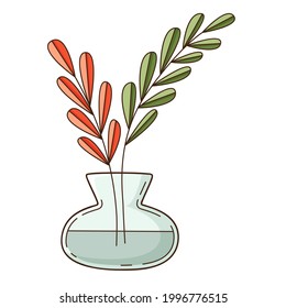 Simple twigs with leaves in a vase of water. A home decor item. Design element with outline. Doodle, hand-drawn. Flat design. Color vector illustration. Isolated on a white background