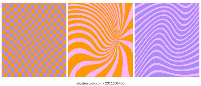 Simple Twisted Checker Board Vector Layouts. Vintage 70s Style Geometric Print. Check Board and Twisted Lines Isolated on a Violet, Orange and Violet  Background. Psychedelic Design. RGB Colors.