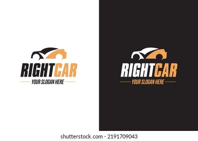 A simple two colour logo aimed at the automotive industry or second hand car dealerships, entitled 'Right car' emphasised by the use of a negative space tick through the symbol